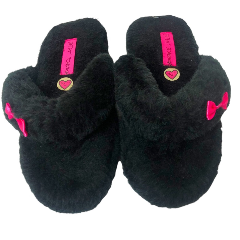 Betsey Johnson black plush crisscross slide Sz 7-8